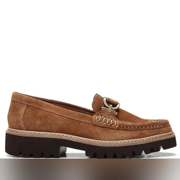HELIO DONALD PLINER Brown Saddle Suede Leather Loafers Womens Lug Sole New 7.5 - Picture 4 of 10